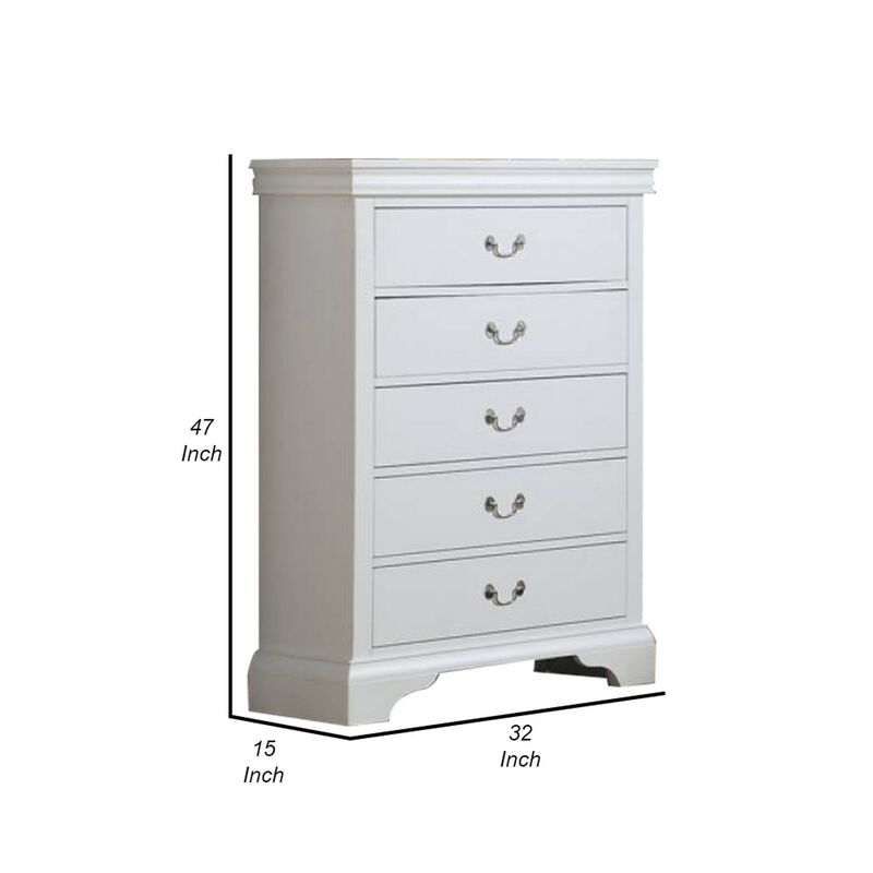 Vix 47 Inch 5 Drawer Tall Dresser Chest, Metal Handles, Crisp White Wood-Benzara