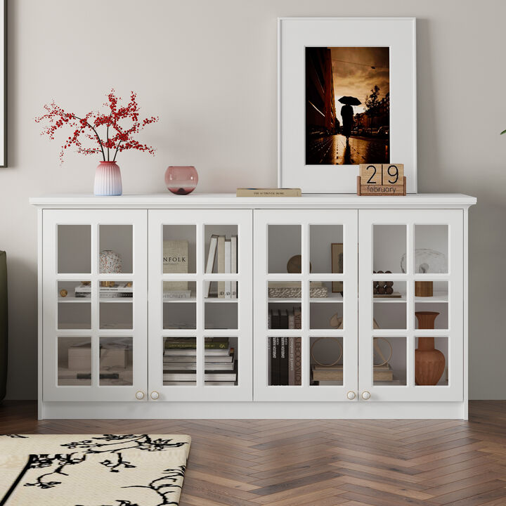 FUFU&GAGA Modern White Storage Cabinet with Glass Pane Doors, Rose Gold Handles, and Adjustable Shelves (63.4" W x 16.5" D x 31.5" H), White