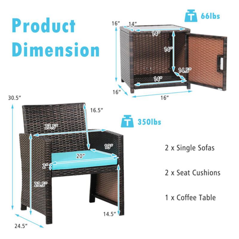 Hivvago 3 Pieces Patio Wicker Furniture Set with Storage Table and Protective Cover