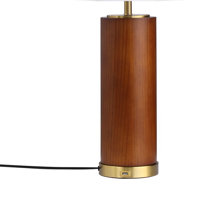 28 Inch Table Lamp, White Fabric Drum Shade, Gold Metal, Brown Bridge Base - Benzara