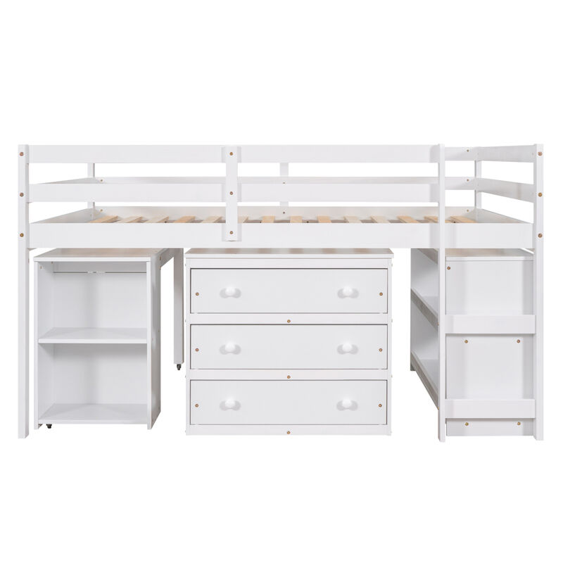 Low Study Full Loft Bed With Cabinet, Shelves And Rolling Portable Desk, Multiple Functions