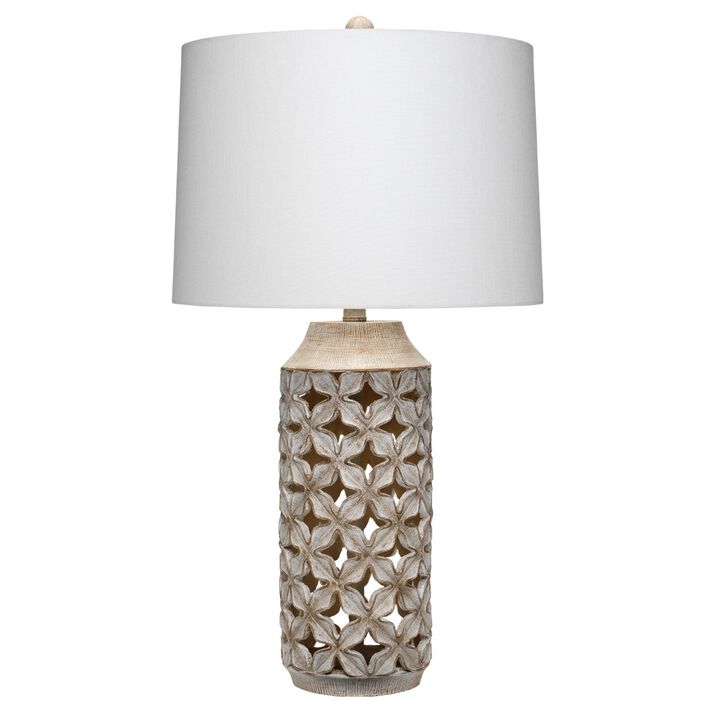 Resin Table Lamp with Geometric Cutouts, White and Gray-Benzara