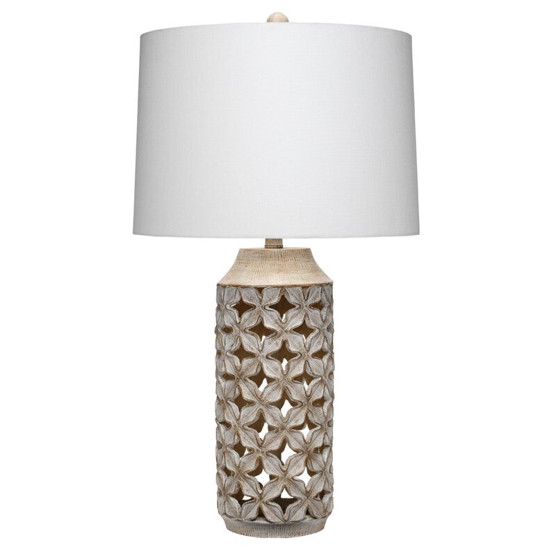Resin Table Lamp with Geometric Cutouts, White and Gray-Benzara