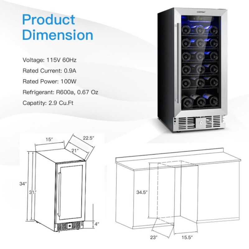 Costway 15 Inch 30-Bottle Stainless Steel Wine Cooler with Temperature Memory