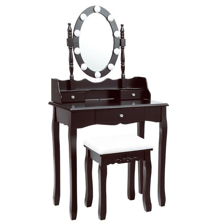 Oval Mirror Vanity Set  with 10 LED Dimmable Bulbs and 3 Drawers