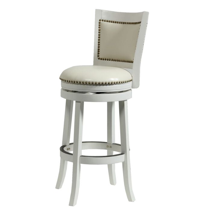 Nailhead Trim Round Leatherette Barstool with Flared Legs, White-Benzara