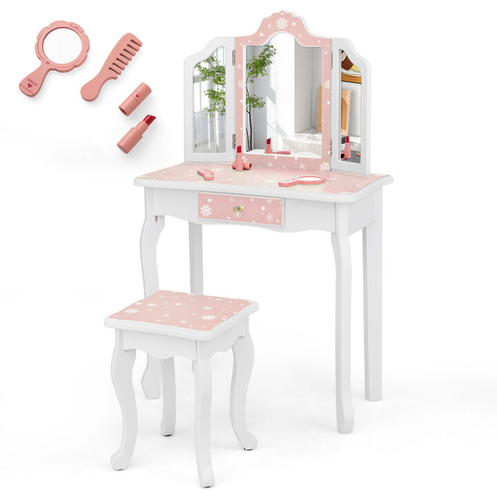 Princess Pretend Play Makeup Table and Stool Set with Tri-folding Mirror