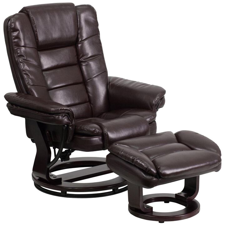 Flash Furniture Bali Contemporary Multi-Position Recliner with Horizontal Stitching and Ottoman with Swivel Mahogany Wood Base in Brown LeatherSoft