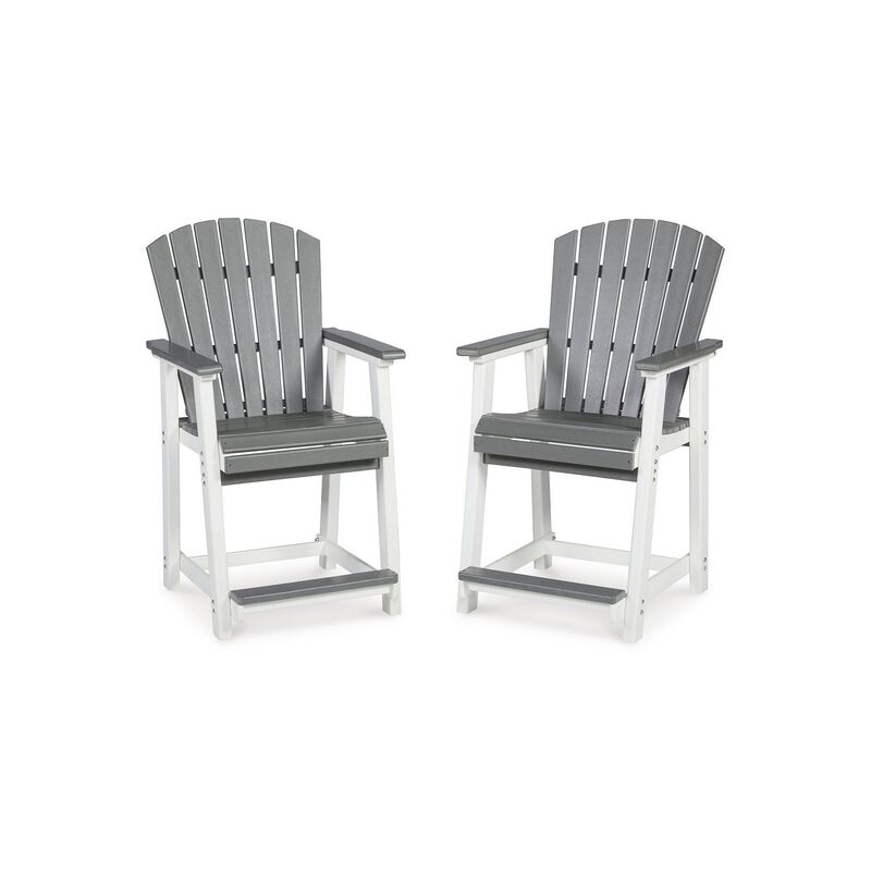 24 Inch Counter Stool Armchair Set of 2, Outdoor Slatted, Gray, White - Benzara