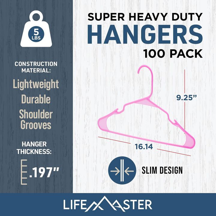 Plastic Clothes Hangers – Heavy Duty Hanger Set, for Organizing Clothes, Dresses, and Coat, Holds Up to 5 lbs, Space-Saving Hangers with Non-Slip Shoulder Grooves, Pack of 100, Pink