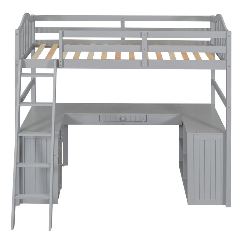 Twin Size Loft Bed With Drawers, Cabinet, Shelves And Desk, Wooden Loft Bed With Desk