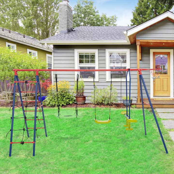 Hivvago 550 LBS 6-in-1 Patio Kids Swing Set with Climbing Net and Ladder