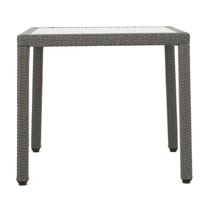 Yuzu Outdoor Dining Table, 34 Inch Square Glass Top, Gray Faux Wicker - Benzara