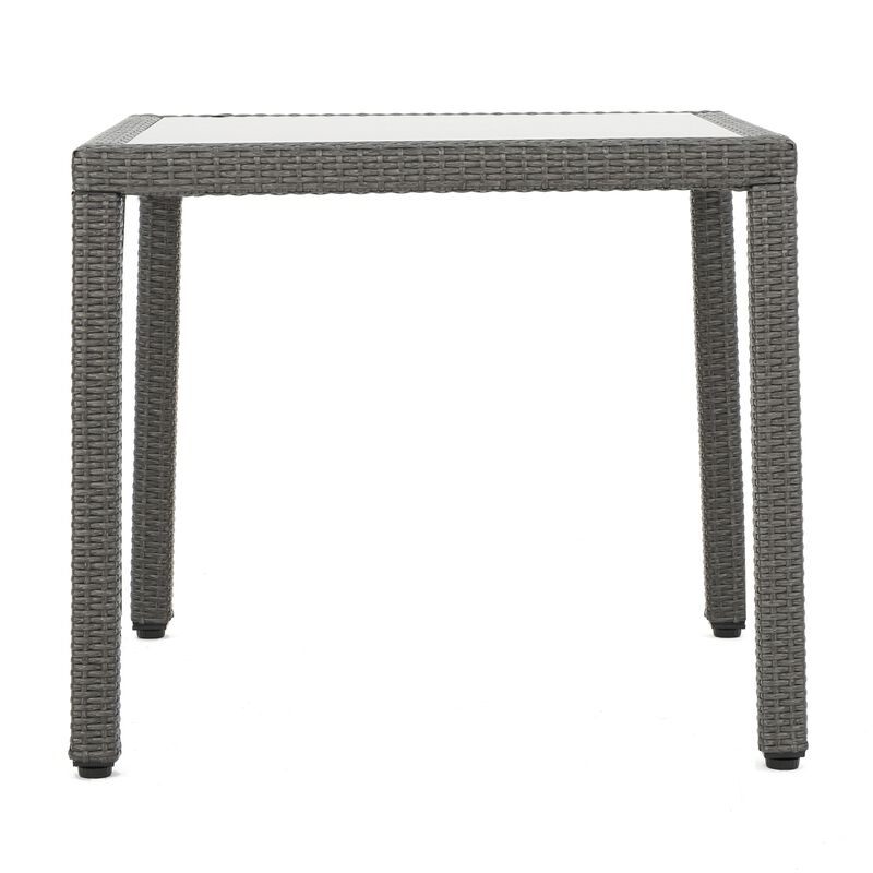 Yuzu Outdoor Dining Table, 34 Inch Square Glass Top, Gray Faux Wicker - Benzara