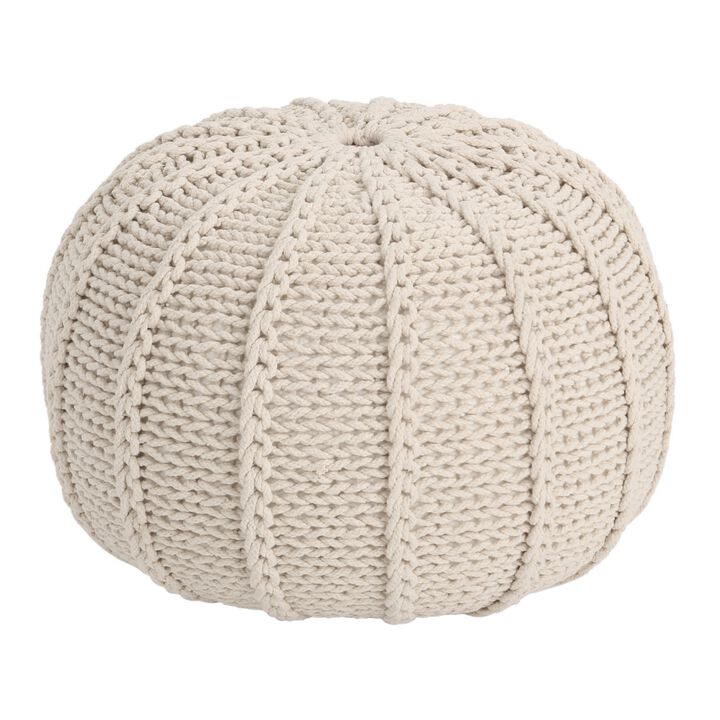 Round Knitted Pouf Ottoman, Handwoven Details, 20 Inch Beige Cotton - Benzara