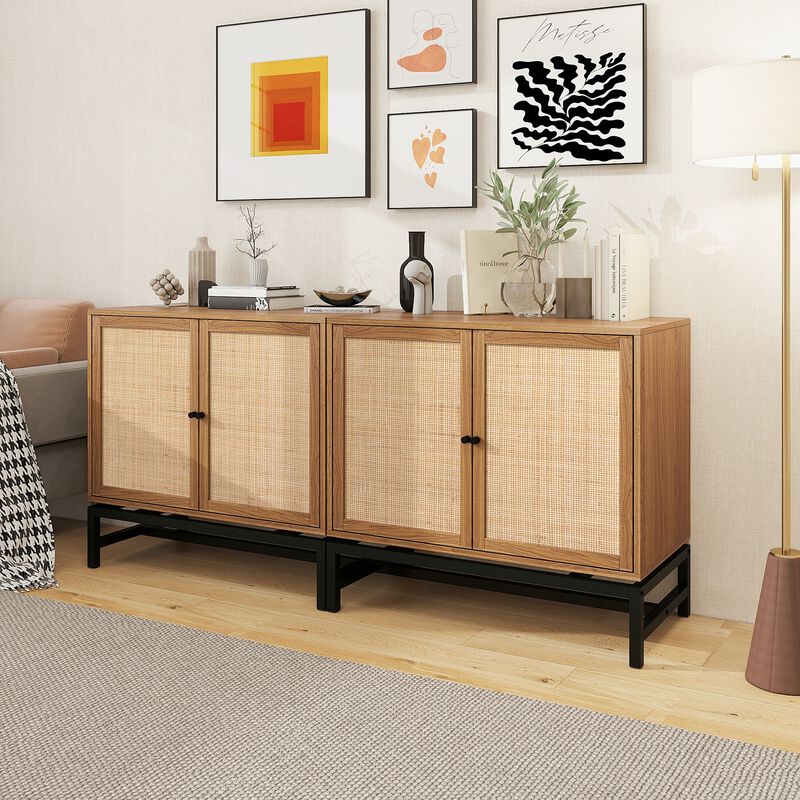 MONDAWE 2 Pieces Double Door Natural Rattan Cabinet with 1 Adjustable Inner Shelves, Accent Storage Cabinet（Set of 2）