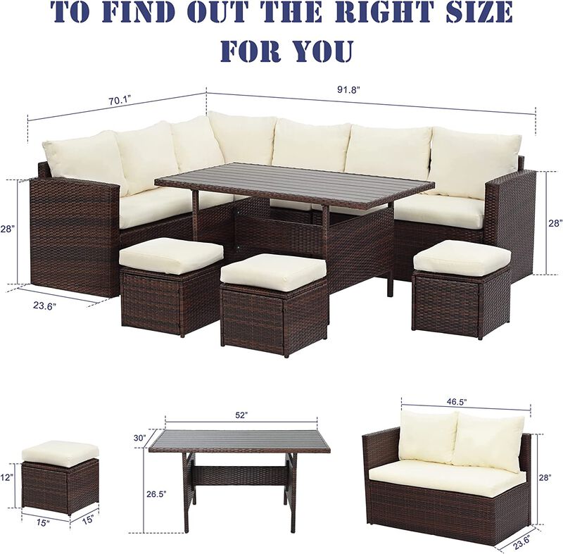 7-Pieces PE Rattan Wicker Patio Dining Sectional Cusions Sofa Set With Ivory Cushions