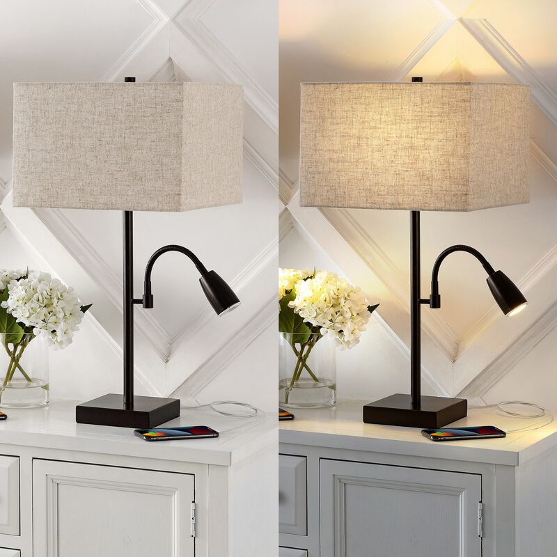 Austin 2-Light Farmhouse Industrial Iron LED Table Lamp with USB Charging Port and Adjustable Reading Light