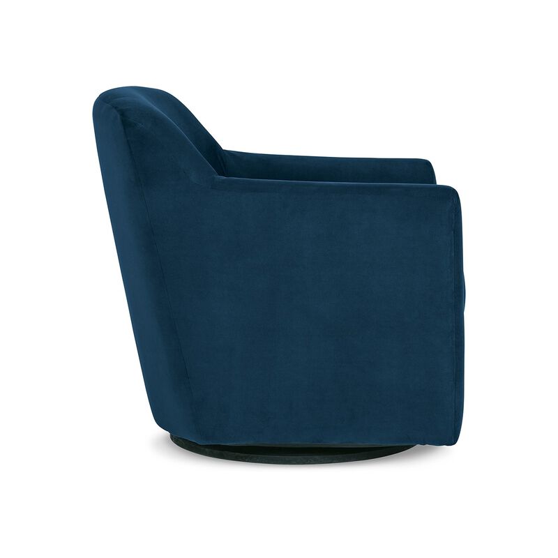 Leena Swivel Accent Chair, Blue Velvet, Shelter Style Arms, Black Wood - Benzara