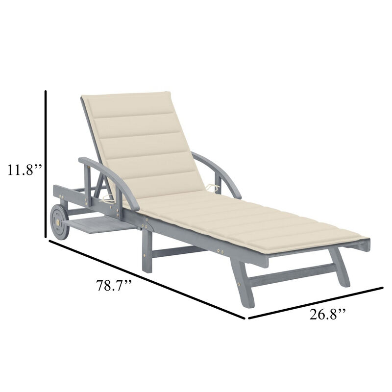 Kaye Outdoor Sun Lounger, 79 Inch Gray Acacia Wood, Cream Polyester - Benzara