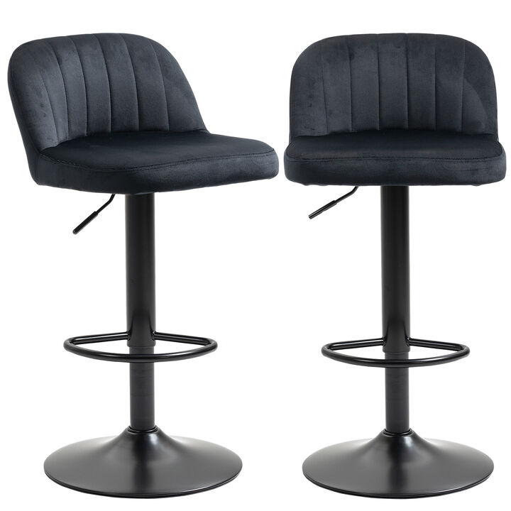 HOMCOM Adjustable Bar Stools Set of 2, Velvet Counter Height Barstool, Upholstered Kitchen Stool with Swivel Seat, Steel Frame, Footrest for Kitchen Counter and Dining Room, ‎Black