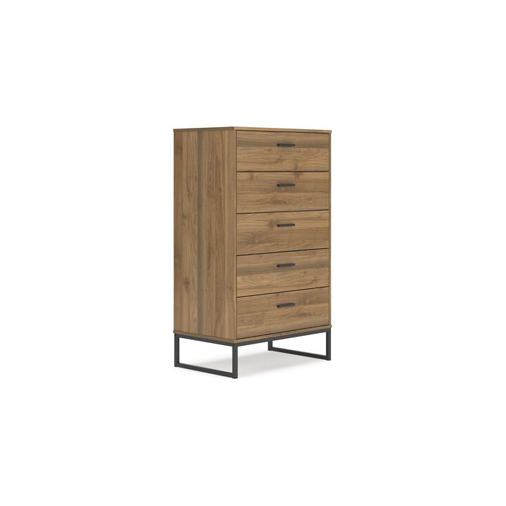 Deana Tall Dresser Chest, 5 Drawers, Brown Wood, Black Metal, 51 Inch - Benzara