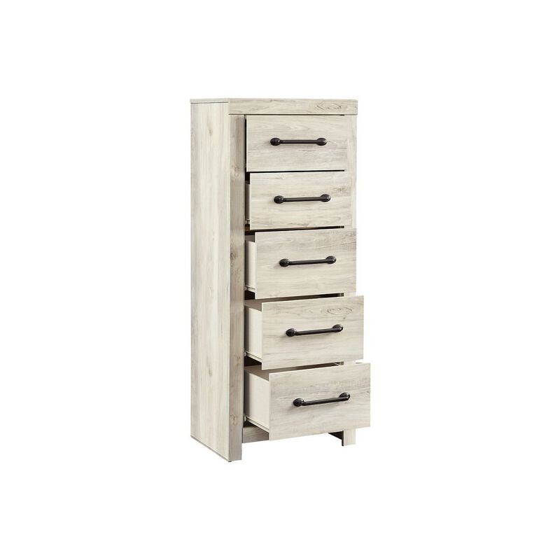 Grained 5 Drawer Wooden Chest with Bar Pull Handles, Distressed White-Benzara