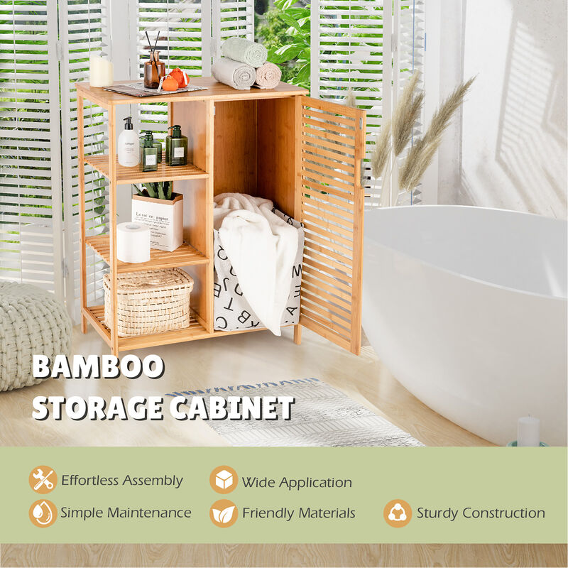 Costway Bathroom Cabinet Bamboo Storage Floor Cabinet w/ Single Door & 3 Open Shelves