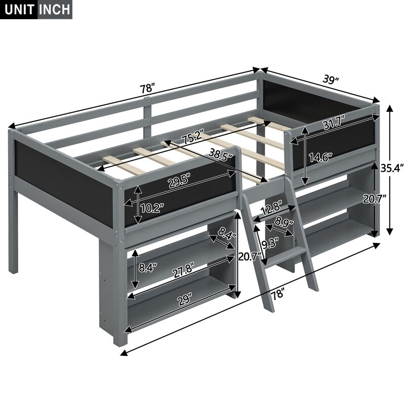 Merax Low Loft Bed with 2 Movable Shelves