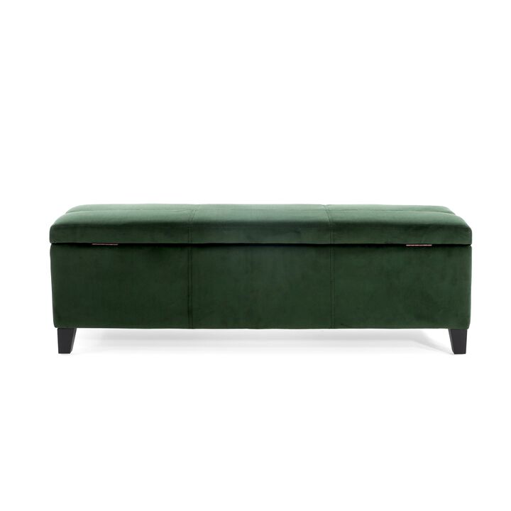Elias Storage Ottoman Bench, 51 Inch Storage, Emerald Green Velvet -Benzara