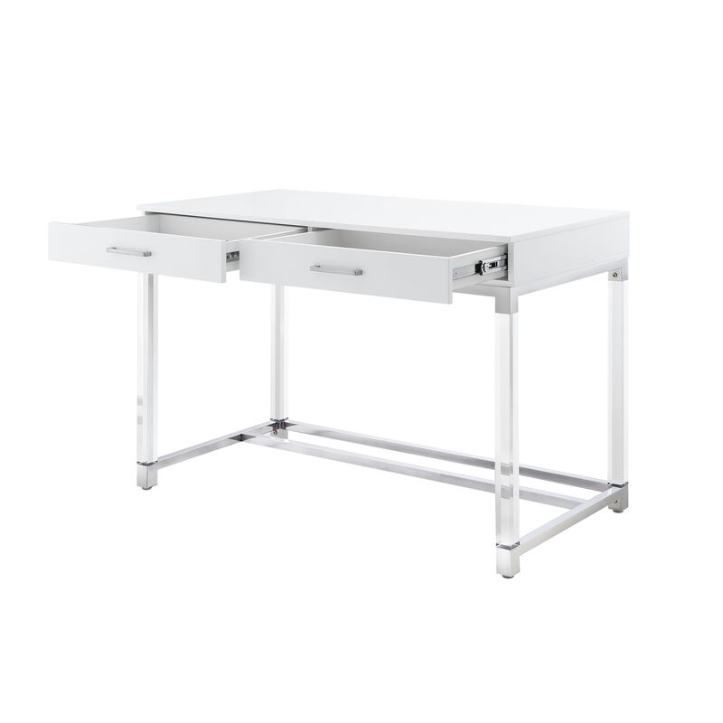 Inspired Home Kalel High Gloss 2 Drawers Writing Desk with Acrylic Legs and Stainless Steel Base