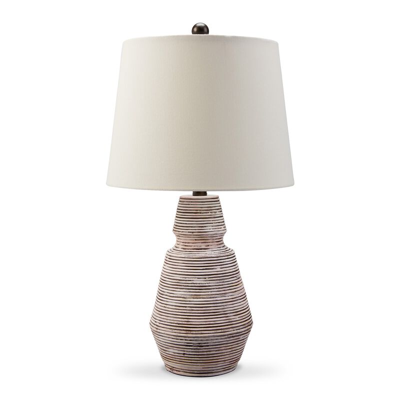 Aerd 23 Inch Table Lamp Set of 2, White Drum Shade, Ribbed Base Turned - Benzara