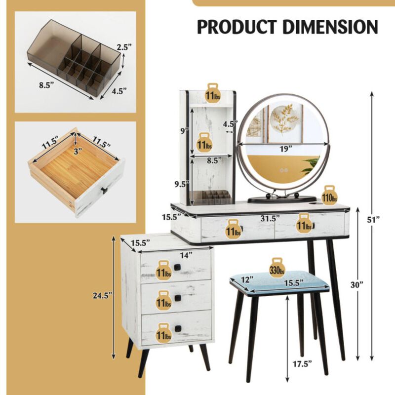 Hivvago Vanity Table Set with 3-Color Lighted Mirror and Cushioned Stool