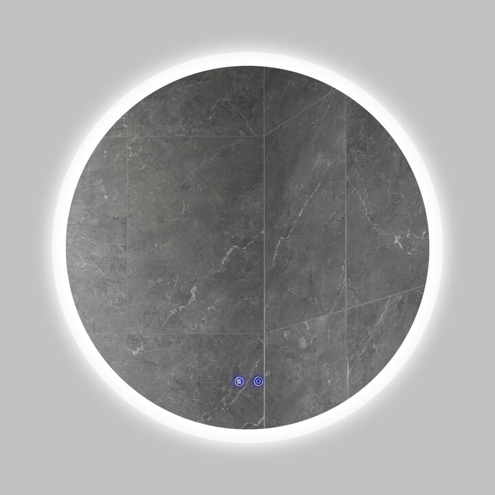 32 x 32 Inch Round Frameless LED Illuminated Bathroom Mirror, Touch Button Defogger, Metal, Silver-Benzara