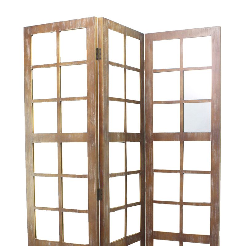 3 Panel Wooden Screen with Square Mirror Inserts, Brown and Silver - Benzara