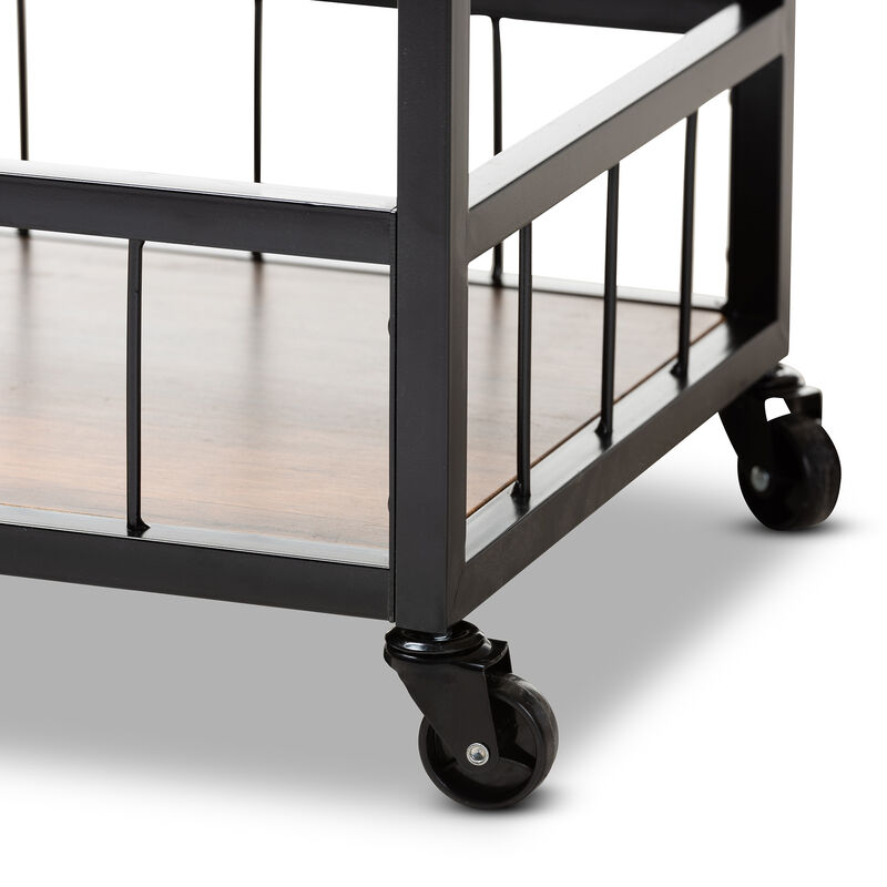 Baxton Studio Cerne Rustic Oak Brown Mobile Metal Bar Cart with Wine Bottle Rack