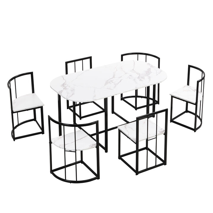 Modern 7-Piece Dining Table Set With Faux Marble Compact 5 5" Kitchen Table Set For 6