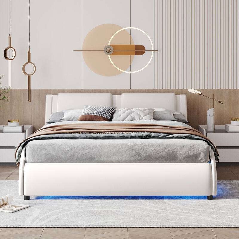 Merax Upholstered Faux Leather Platform Bed with LED Light