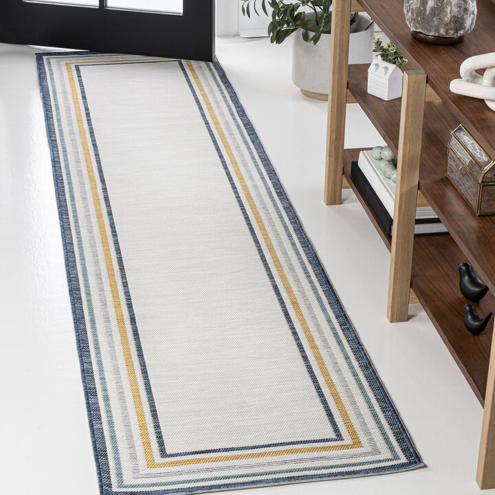 Coastal Mitred Stripe Reversible Machine-Washable Cream/Navy 2x8 Indoor/Outdoor Runner Rug