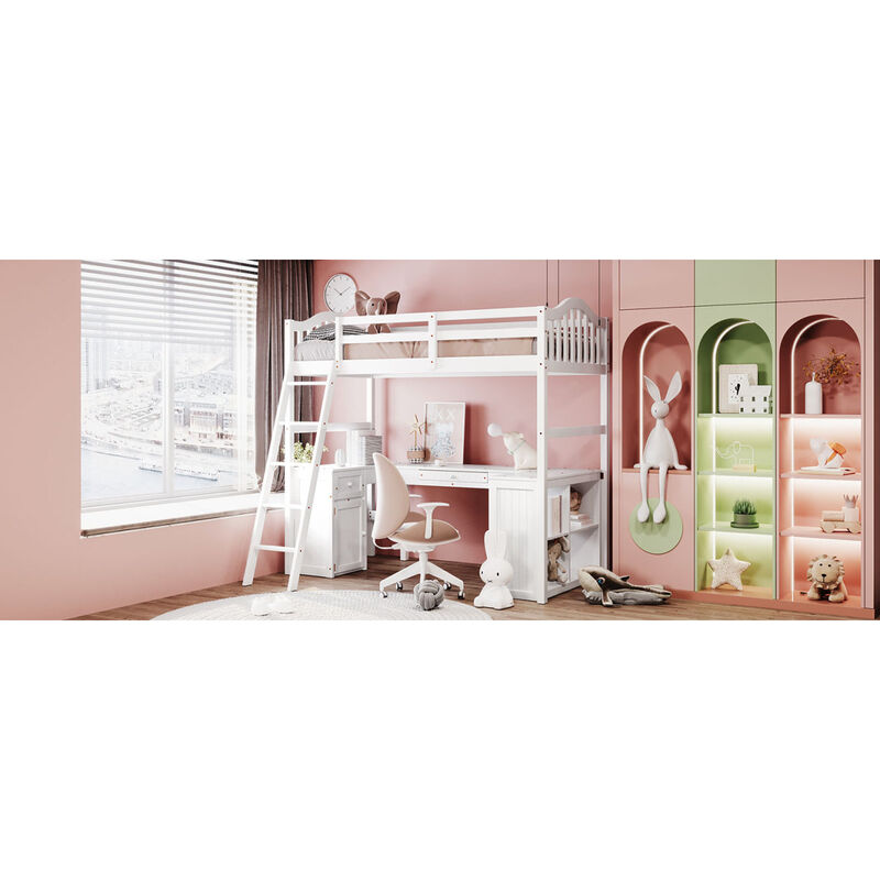 Twin Size Loft Bed With Drawers, Cabinet, Shelves And Desk, Wooden Loft Bed With Desk
