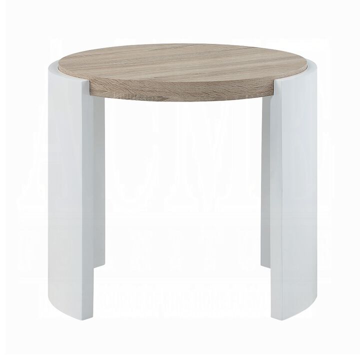 Romani Side End Table, White High Gloss Wood, Brown Top, Oval 26 Inch - Benzara