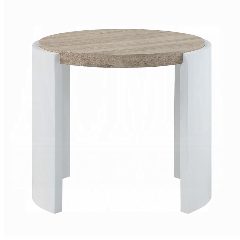 Romani Side End Table, White High Gloss Wood, Brown Top, Oval 26 Inch - Benzara