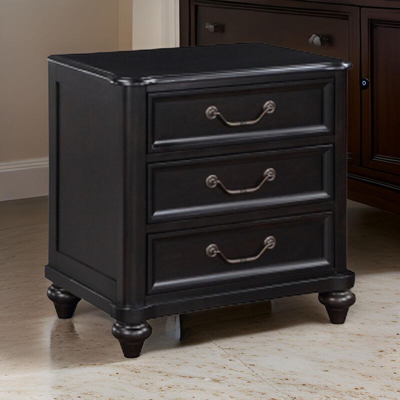 Vix 27 Inch Nightstand, 3 Drawers, Molded Design Pewter Drop Handles, Black - Benzara