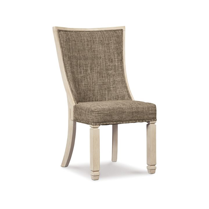 Bolan Dining Side Chair Set of 2, Lattice Back, Polyester, White Wood - Benzara