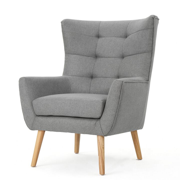 Ranie Accent Club Chair, Rubberwood Legs, Gray Button Tufted Polyester - Benzara