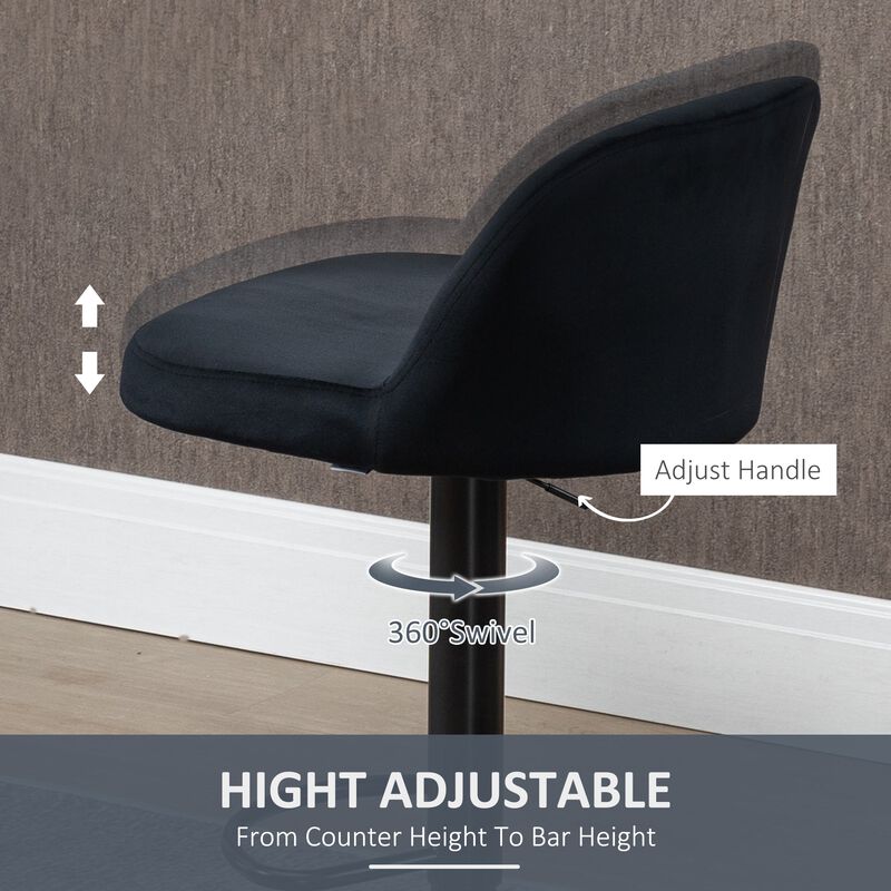 Black Bar Comfort: Adjustable Swivel Stools with Velvet-Touch Fabric
