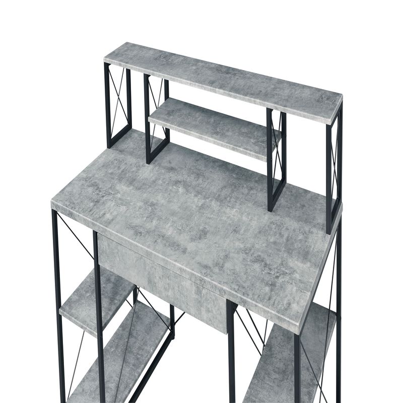Metal Desk with 4 Open Bottom Shelves and Bookcase Hutch, Gray and Black-Benzara