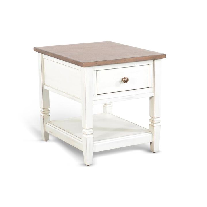 Sunny Designs Pasadena 1-Drawer Farmhouse Mahogany End Table in Off White