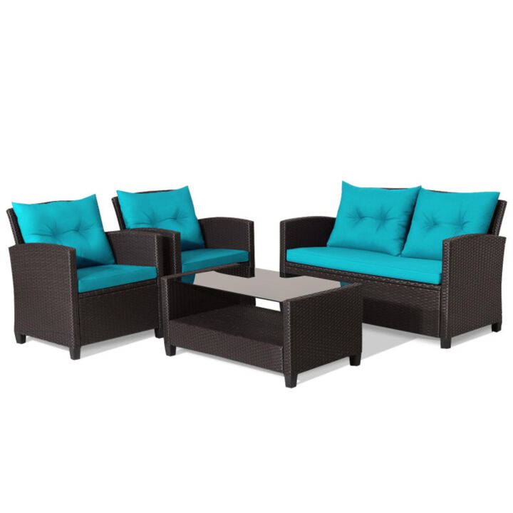 Hivvago 4 Pieces Patio Rattan Furniture Set with Tempered Glass Coffee Table