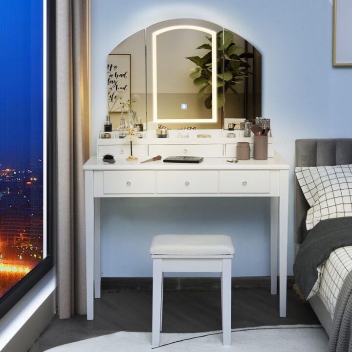 Hivvago Vanity Table Stool Set with Large Tri-folding Lighted Mirror